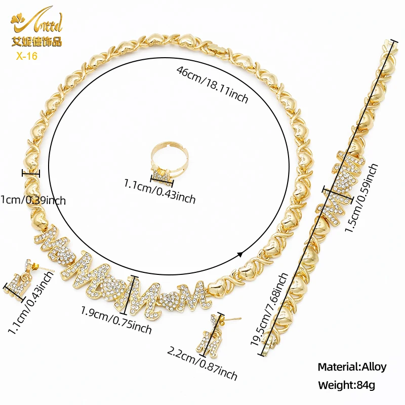 XUHUANG XOXO Women Necklace Set 18K Gold Color Bride M&M Crystal Wedding Necklace Earrings Bracelet Ring Jewelry Set Party Gift
