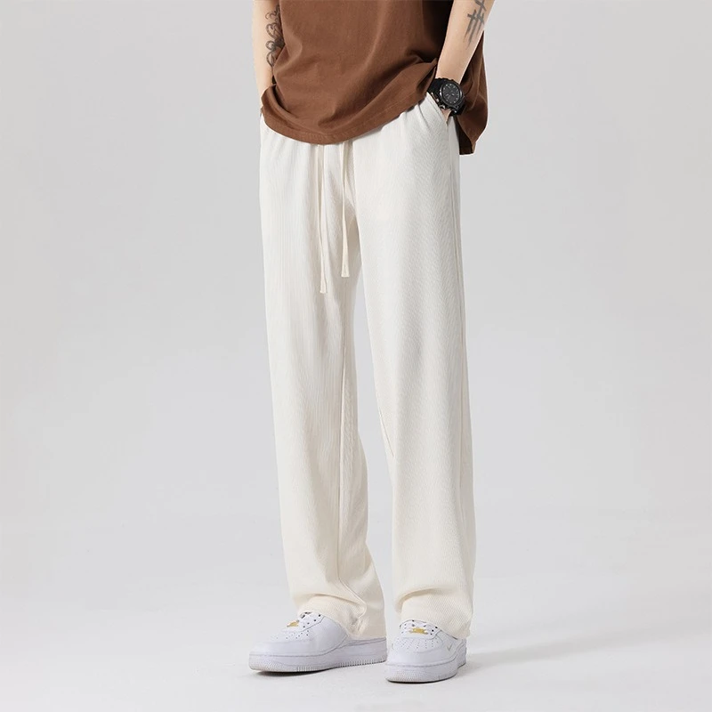 

2025 Spring Summer Fashion Men's Solid Color Casual Trendy Loose Wide Leg Straight Ice Silk Trousers Male Sports Pants Clothes