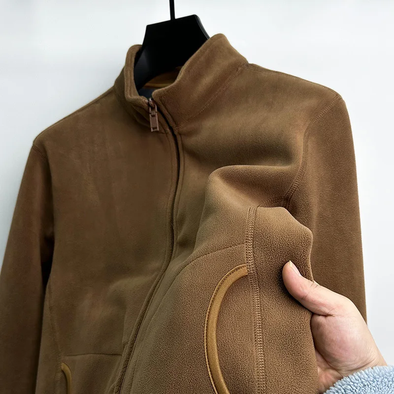 Men's Fleece Lined Double-sided Fleece Zipper Collar Jacket Autumn Winter Warm Outerwear Casual Comfortable Polyester Jacket