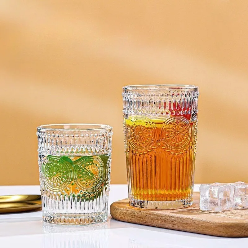 

4 Piece Set of 300ml or 350ml Cups Sunflower Pattern Carving for Drinking Water Juice Milk Whisky and High Aesthetic Glass Cups