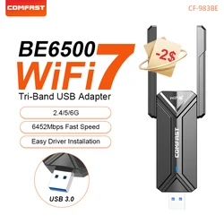 Adaptador USB WiFi7 de 6500Mbps BE6500 Antena wifi 7 2,4G y 5,8G y 6GHz tarjeta de red USB3.0 de tres bandas WPA3 para ordenador portátil de escritorio Win10/11