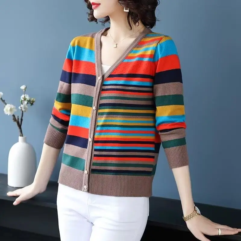 

Women's Clothing Autumn/winter New Arrivals V-neck Knitwear Stripes Short Style Cardigan Fashionable Versatile Sweater Loose Fit