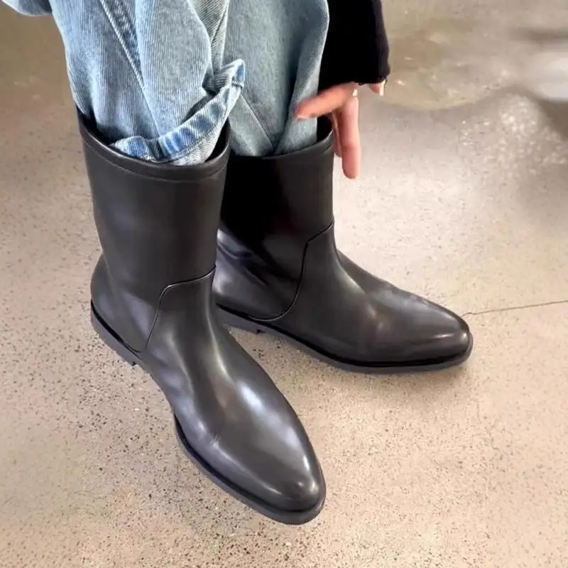 

Ботинки среднего размера из воловьей кожи с острым носком, черные зимние ботинки из натуральной кожи, новинка 2025, короткие ботильоны для локомотива, женские ботильоны