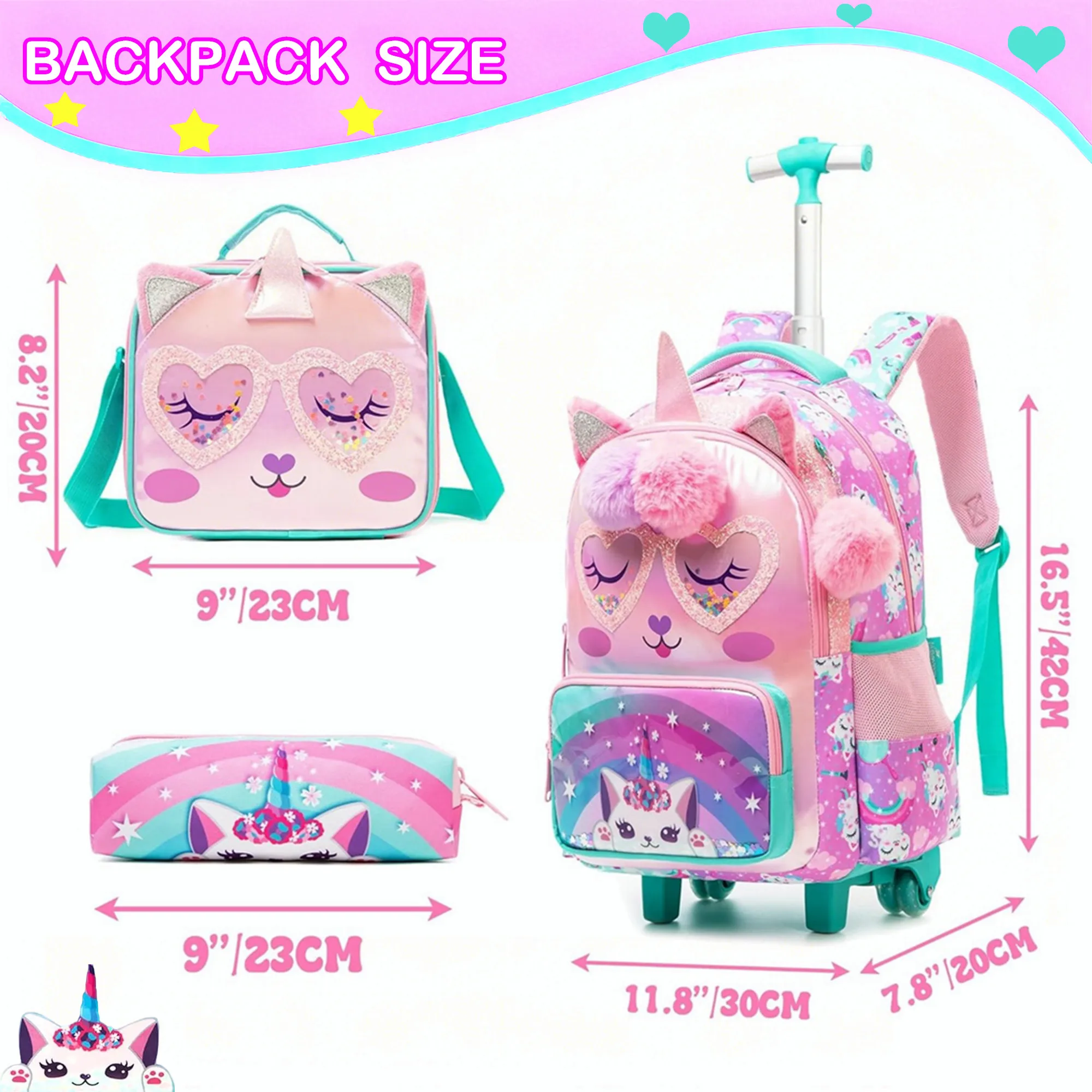 Rolling Backpack for Girls Kids Travel Suitcase with Wheels Cute Animal Carry on Luggage for Elementary Student Kids Trolley Bag