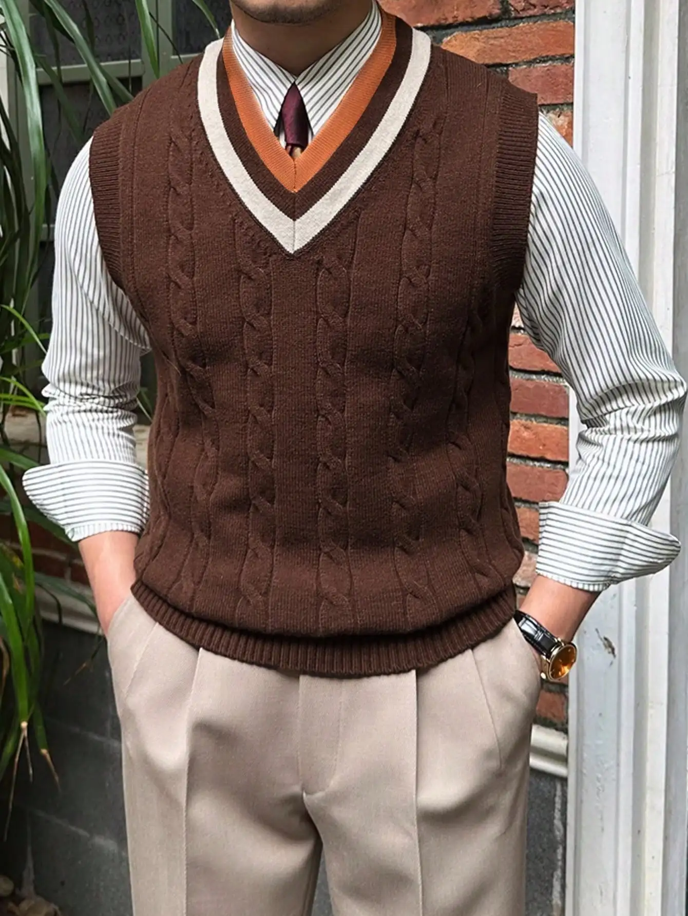 

Men's V-Neck Cable Knit Sweater Vest, Collegiate Style, Fall Winter Wear