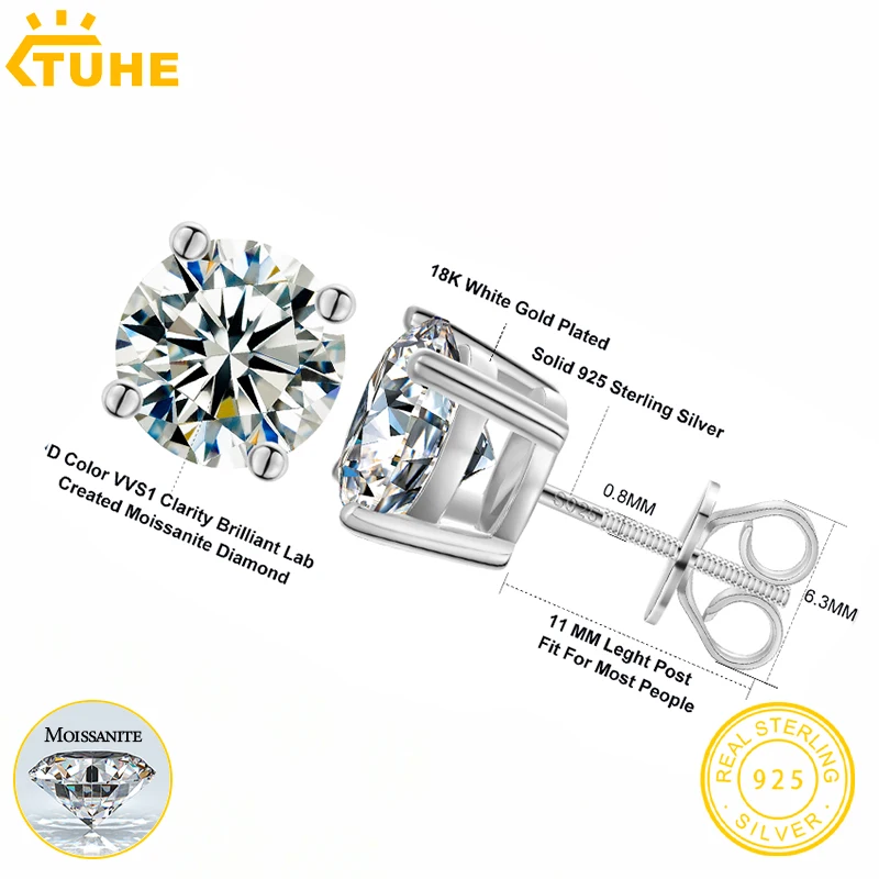 TUHE Moissanite Stud Earrings For Women Men 0.2-8 Carats Lab Created Diamond Screw Back Moissanite Earrings Silver Gift