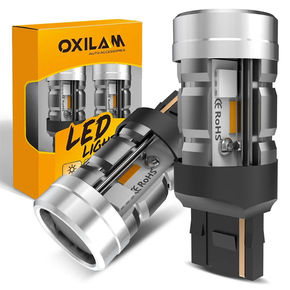 OXILAM 2Pcs W21W LED Canbus T20 7440 WY21W Turn Signal 12V Car Indicator Light Yellow 2200K Amber Bulb 360 Lamp 1860SMD Mini 1:1