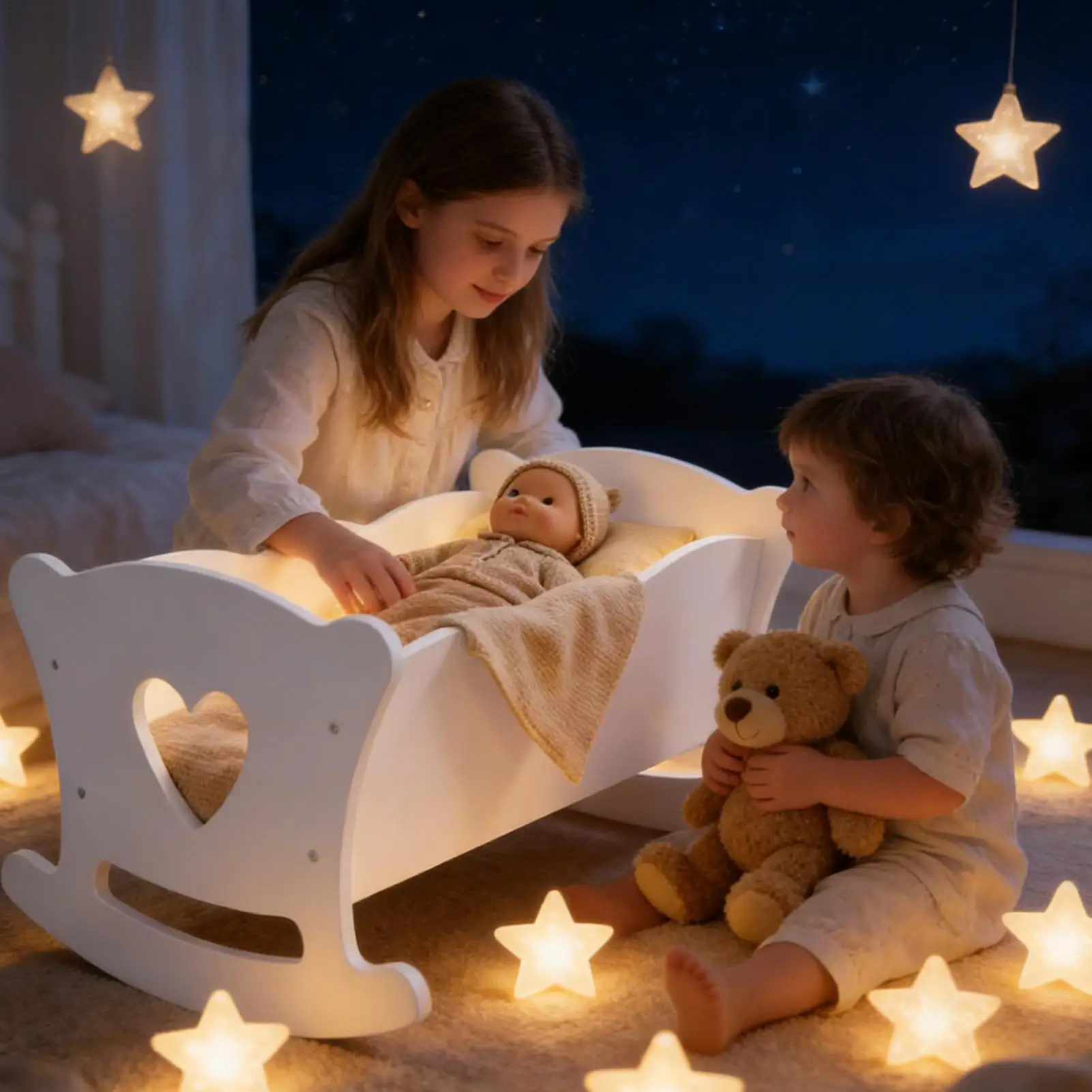 Drewniana kołyska dla lalek, uroczy zestaw mebli do pokoju dziecięcego, łóżeczko dla lalek, kołyska bujająca się dla chłopców, dziewczynek, dzieci, przedszkolaków i przedszkolaków w wieku przedszkolnym.