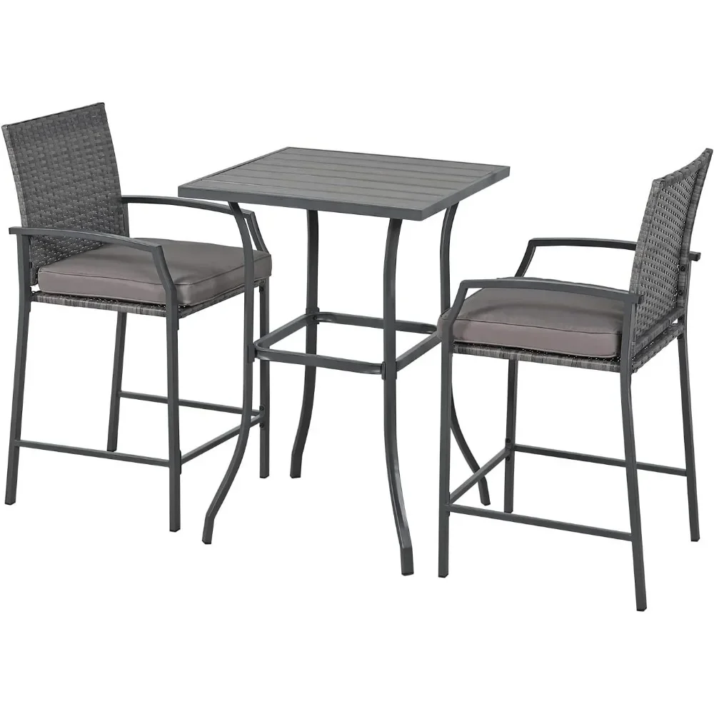 

3 Piece Patio Bar Set, Outdoor Wicker Counter Height Bar Stools and Wood Top Table Set for 2 People