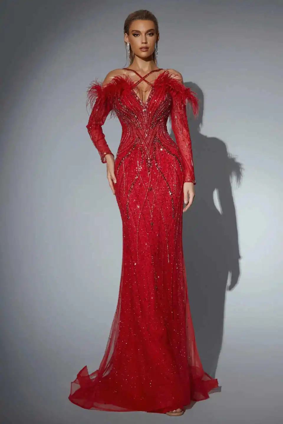 Luxurious Mermaid Evening Dress Long Sleeve Beaded Feather Crystal Prom Gowns Floor Length Formal Party Dresses Customized