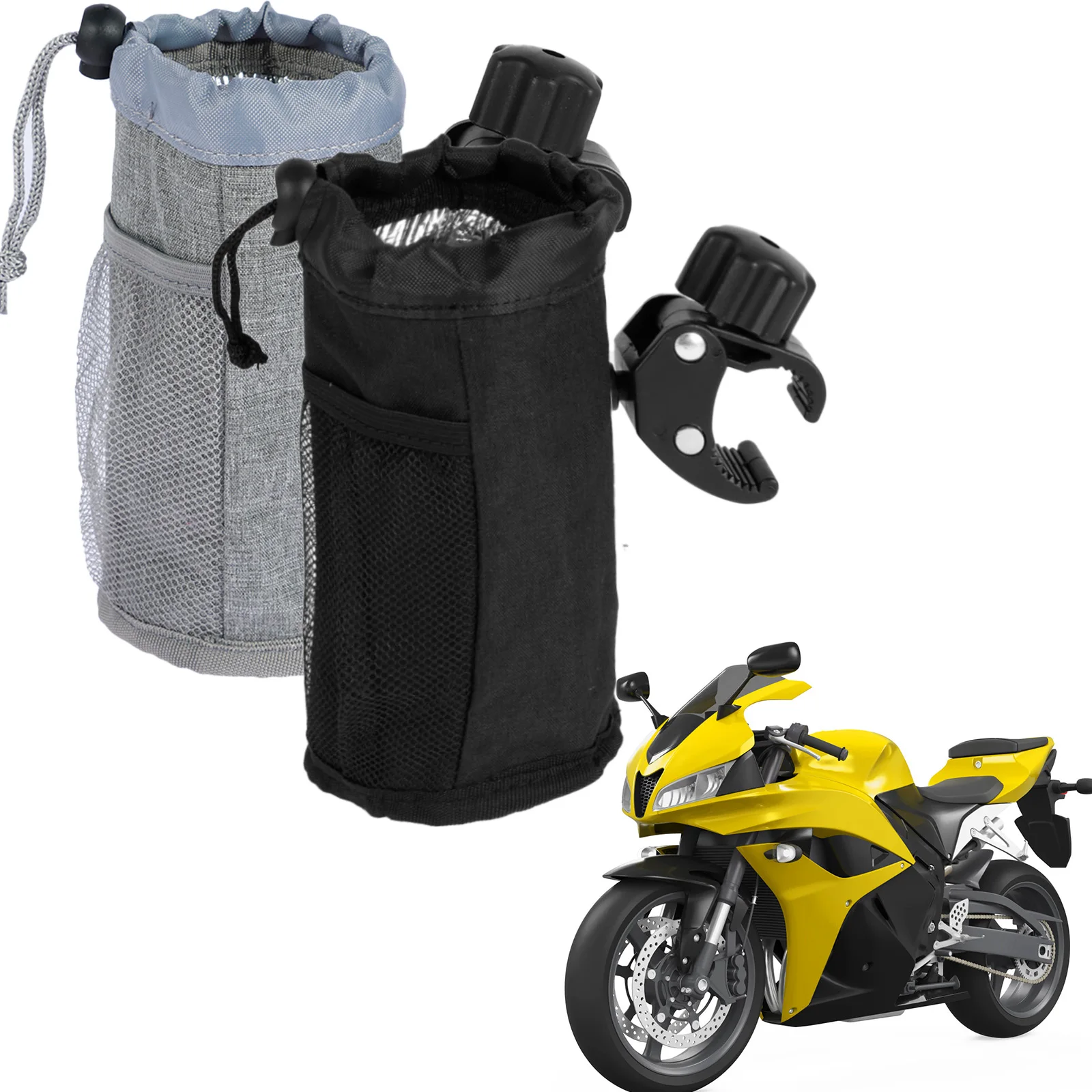 

2pc Bike Cup Holder with Mesh Pockets, Drawstring Waterproof Handlebar Drink Bottle Holder Adjustable Clamp Insulated Cup Holder