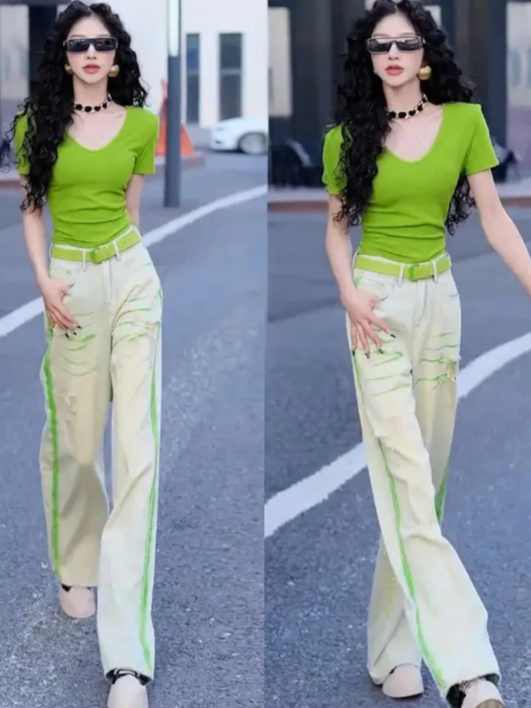 Summer women temperament high waisted short T-shirt slimming fashion patchwork green graffiti ripped straight leg jeans set