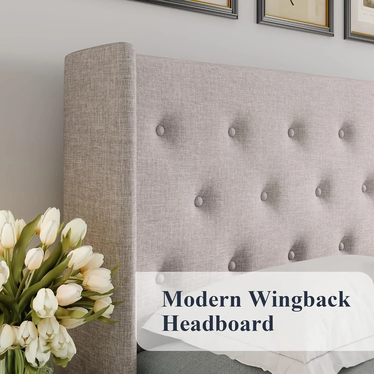 [شحن مجاني، صفقة ساخنة! سرير تخزين قابل للرفع بحجم كينج من Allewie، لوح رأسي معنقدة بأزرار مع ظهر مجنح، دعم هيدروليكي، بدون Bo #4