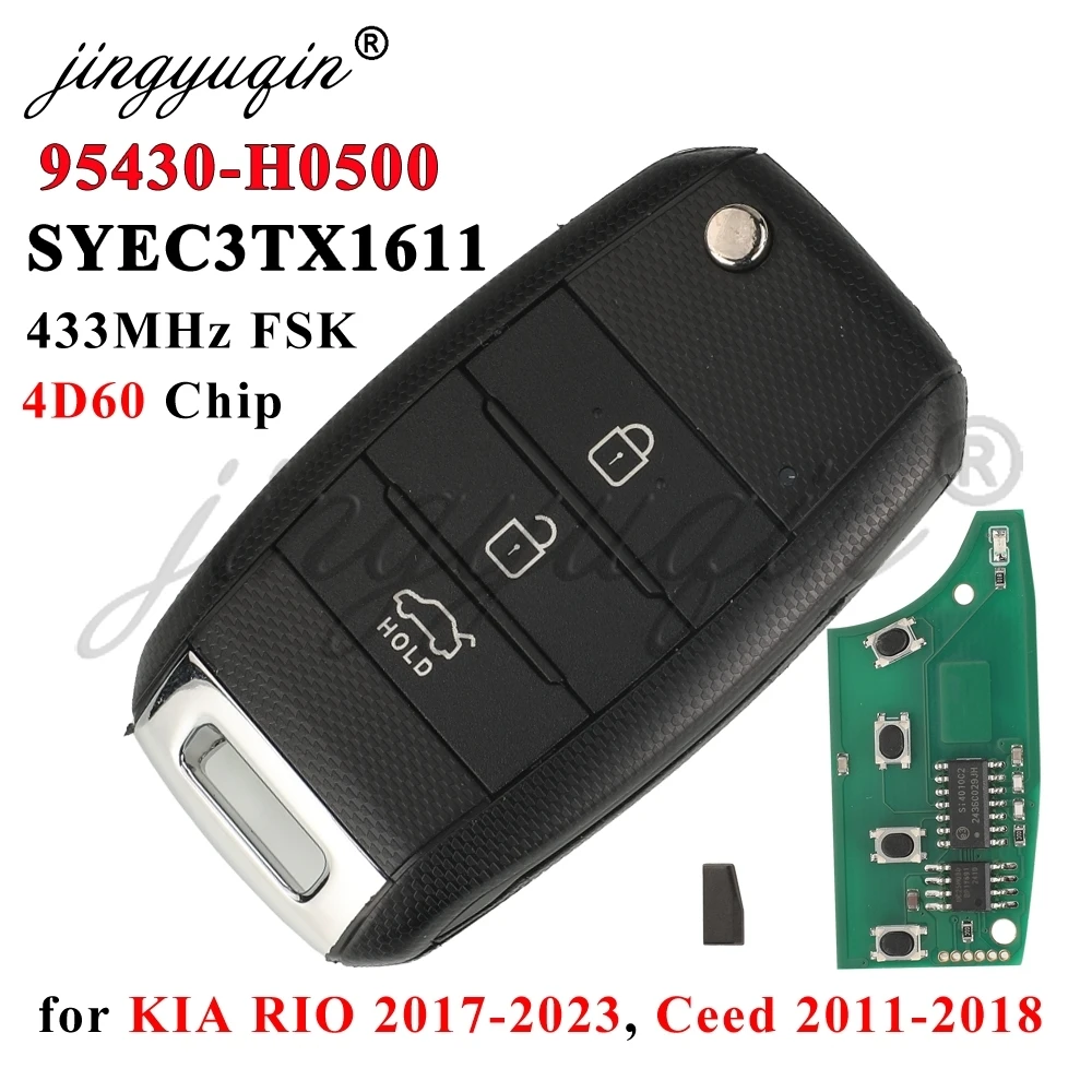 

jingyuqin 95430-H0500 SYEC3TX1611 Автомобильный ключ-брелок для Kia Rio 2017-2021, Ceed 2011-2018, 2015, 433 МГц, 4D60, 3 кнопки, HU134/TOY40