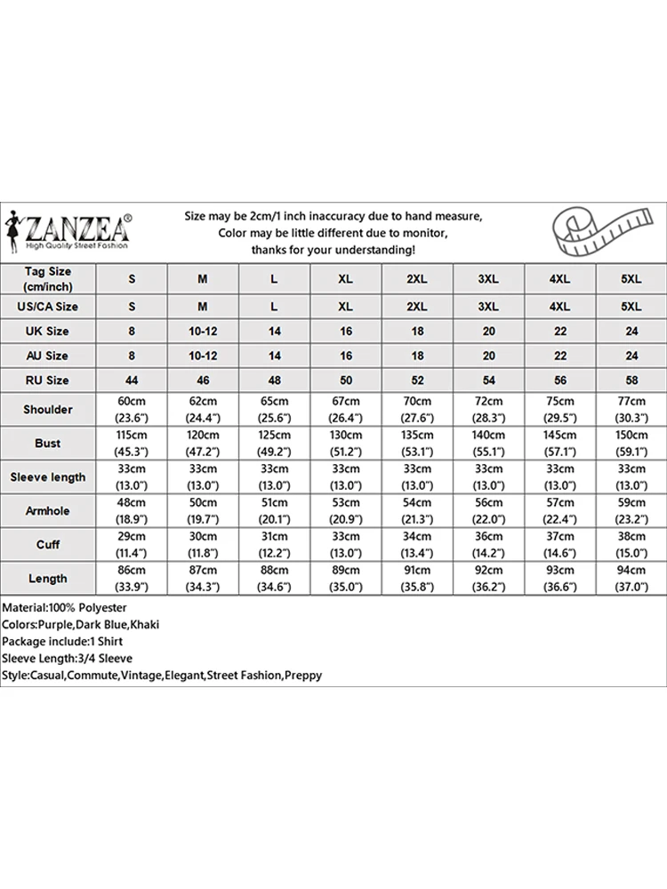 ZANZEA Women Chic Shirts Loose Casual Turn-down Collar 3/4 Sleeve Oversize Chemise Femme 2025 Spring Summer Solid Color Tops