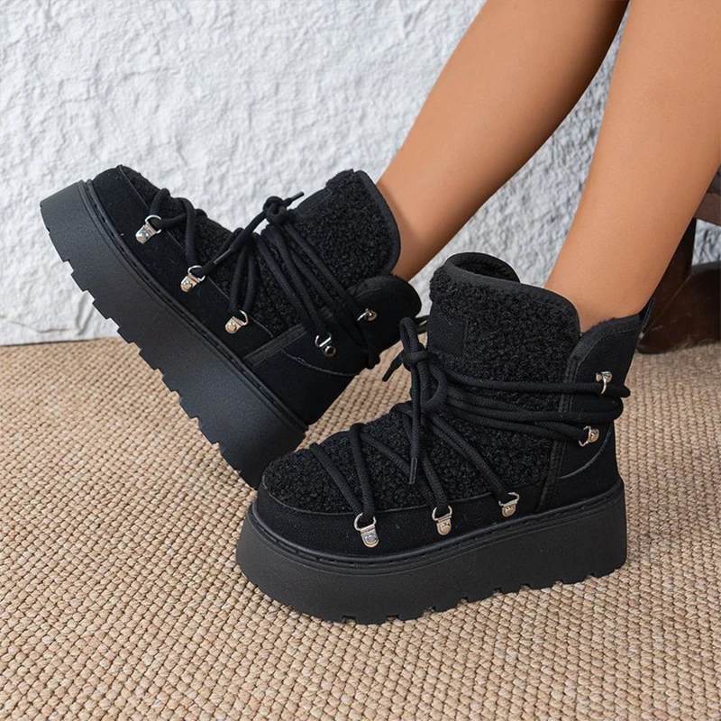 

Новые замшевые зимние ботинки, модные универсальные ботинки на платформе с перекрестными ремешками, хит продаж в Европе и Америке, ботинки на плоской подошве с круглым носком больших размеров