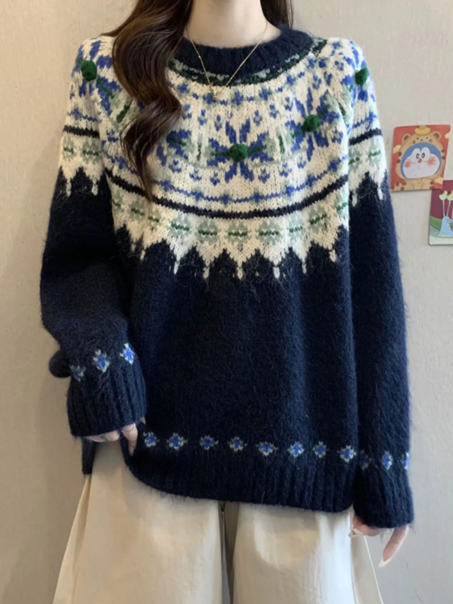 

Blue Long Sve Knitted Sweater Women's Vintage Color Blo Floral Embroidery plus Size Comfortable Soft Polyester Casual Top