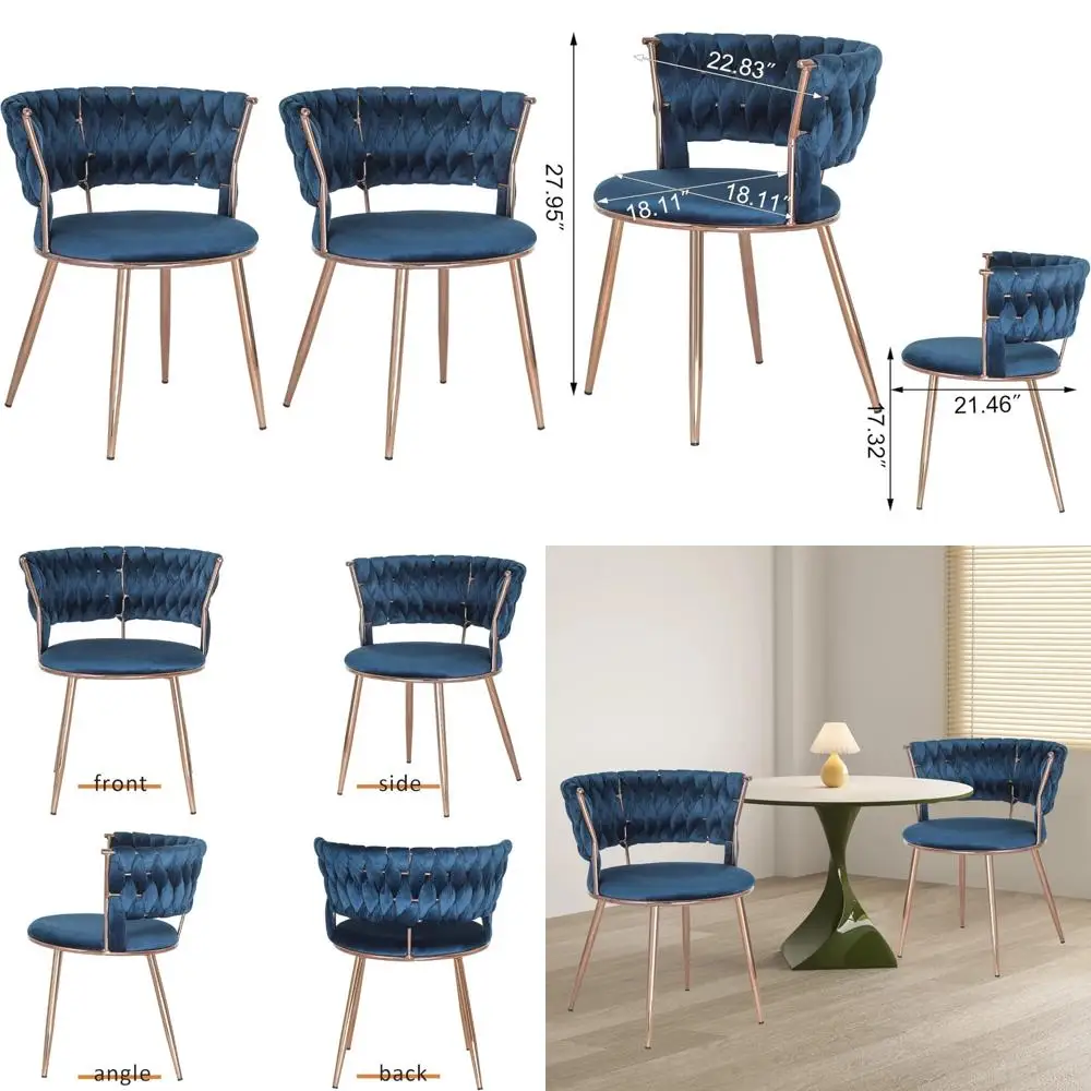 Fluweel gestoffeerde eetkamerstoelen Moderne accentstoelen Handgeweven bijzetstoelen met roségouden metalen poten Set van 2 voor eetkamer