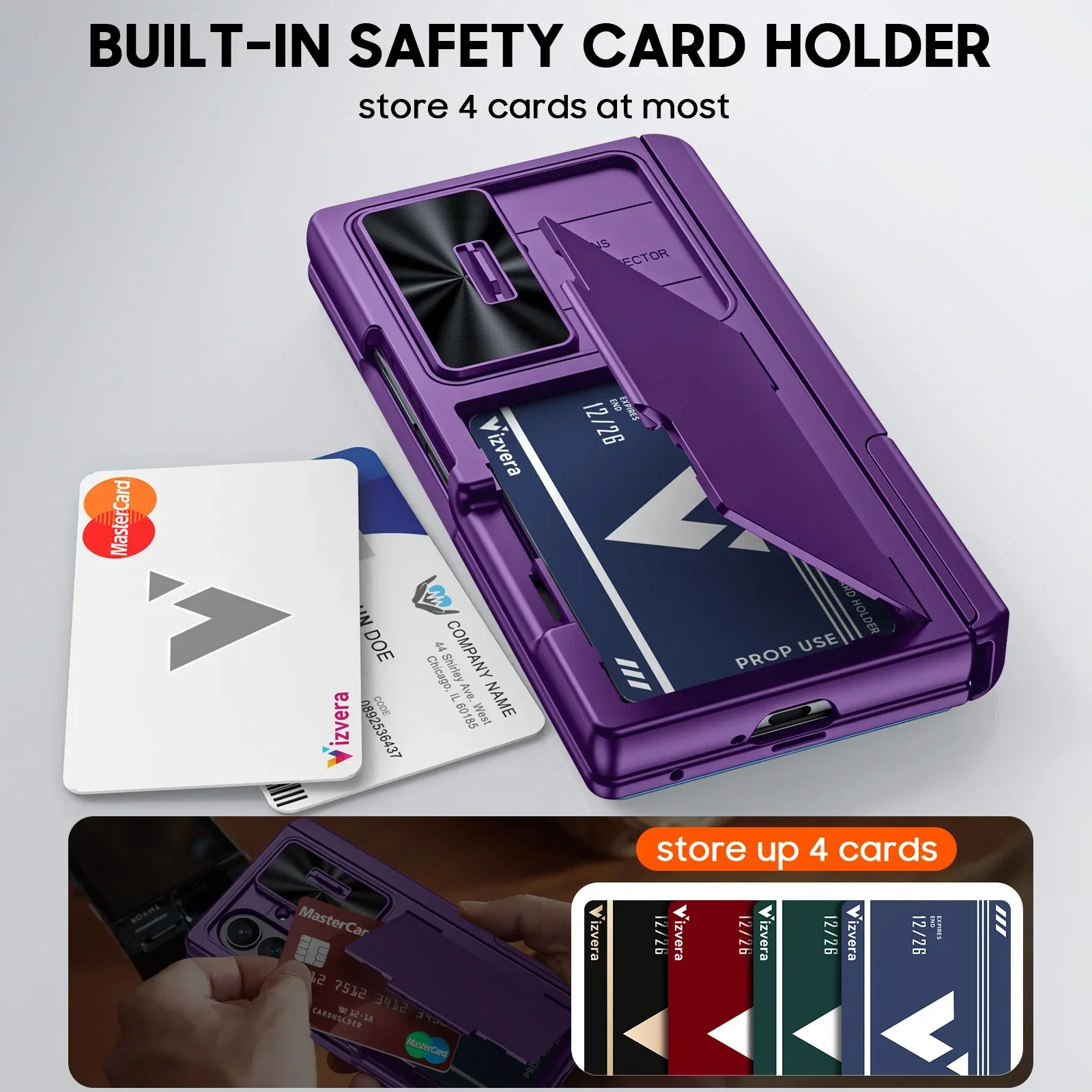 هدايا الهالوين لهاتف Galaxy Z Fold 7 RFID مع حامل بطاقات [مسند] [غطاء كاميرا] جراب هاتف من السيليكون المقاوم للصدمات - أرجواني