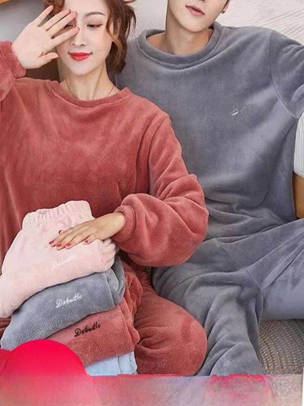 

Women's Fce Lined Thi Coral Fce Spwear Loose Comfortable Two Piece Set Student Couple plus Size Winter Home Wear