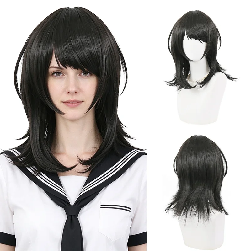 Anime Yahata Umiri Cosplay Wig Black Medium Length Layered Mullet Wig Heat Resistant Synthetic Hair for Women Comic Con Daily