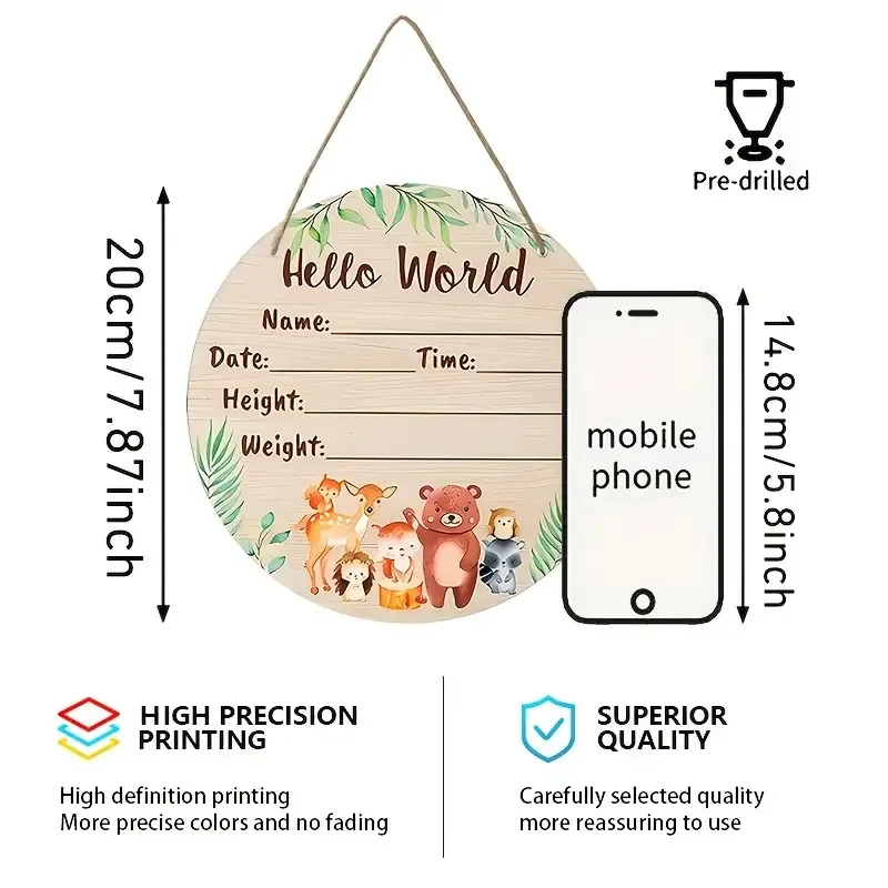 2D Flat, 2D Flat 1pc Rustic Wooden Welcome Sign - Round Artistic Welcome Sign for Newborns, with Animal Patterns,  with Name, Da