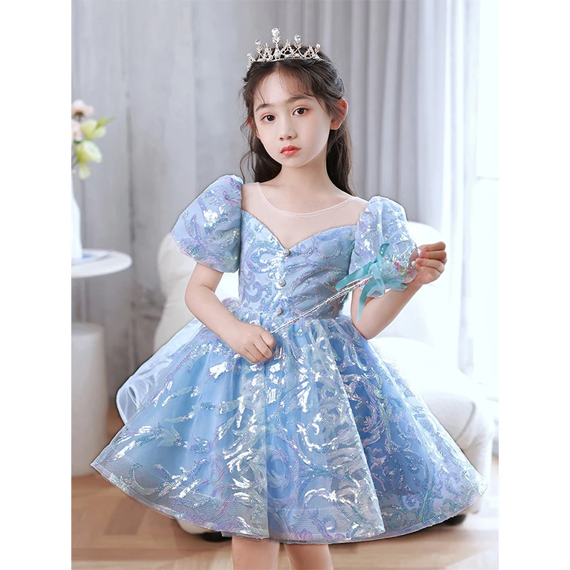 Vestido azul céu para menina, vestidos de festa de aniversário infantil, vestido de lantejoulas de baile, vestido de luxo de 2 a 14 anos, 2023