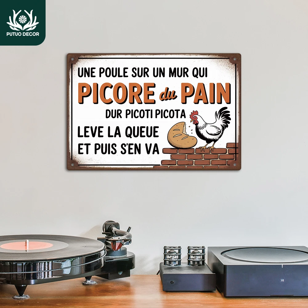 Putuo Decor 1 Stück Französisches Vintage Metallschild, UNE POULE SUR UN MUR QUI, Wandkunst Deko Heimdekoration Raumdekoration, Geschenk