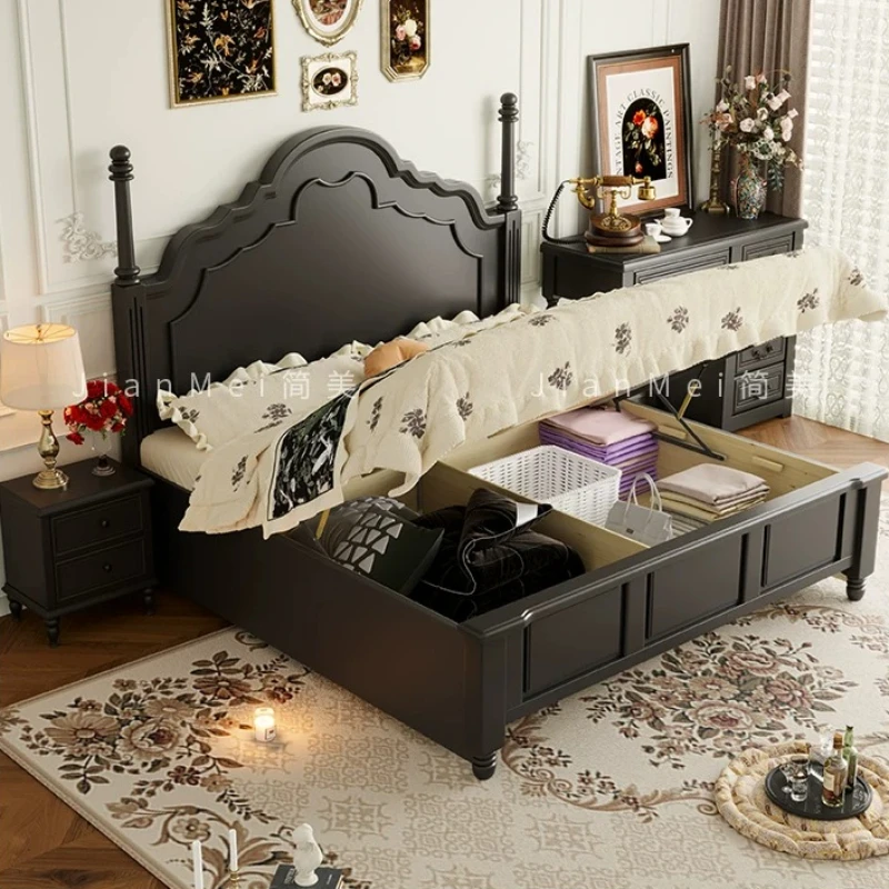 Full Size Wooden Bed Vintage Black Minimalist French Sleeping Bed Bedroom Home Furniture view 3