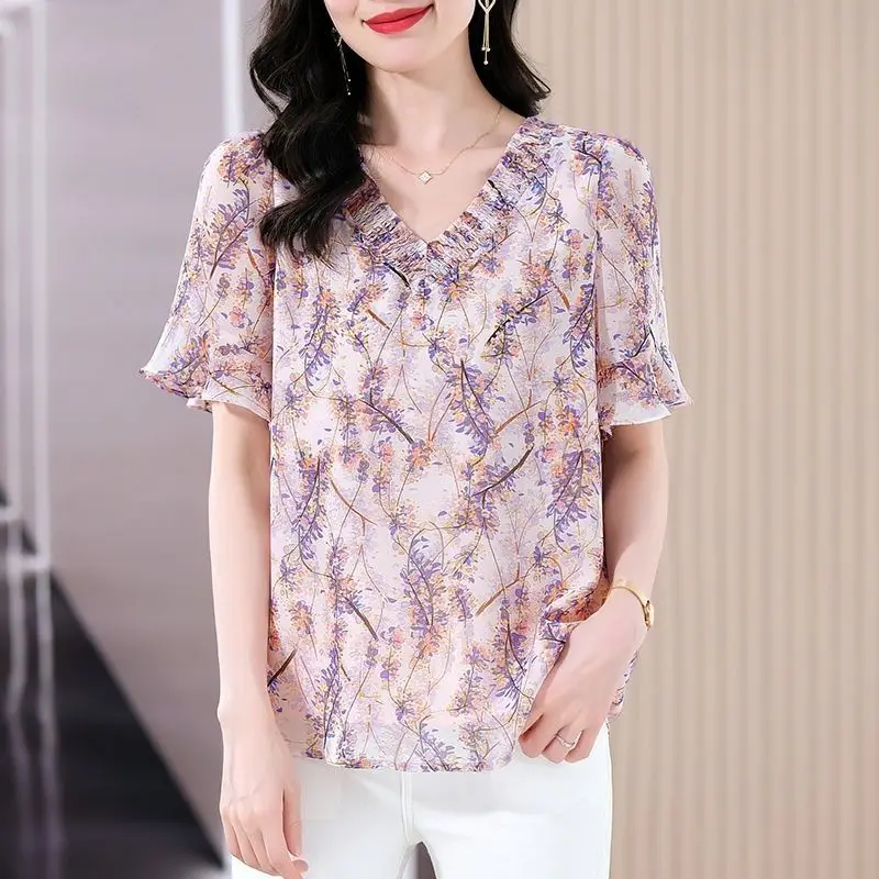 Einfachheit Büro Dame Sommer Frauen V-Ausschnitt Druck Plissee Volant Temperament Mode lose Kurzarm Chiffon Shirt Tops