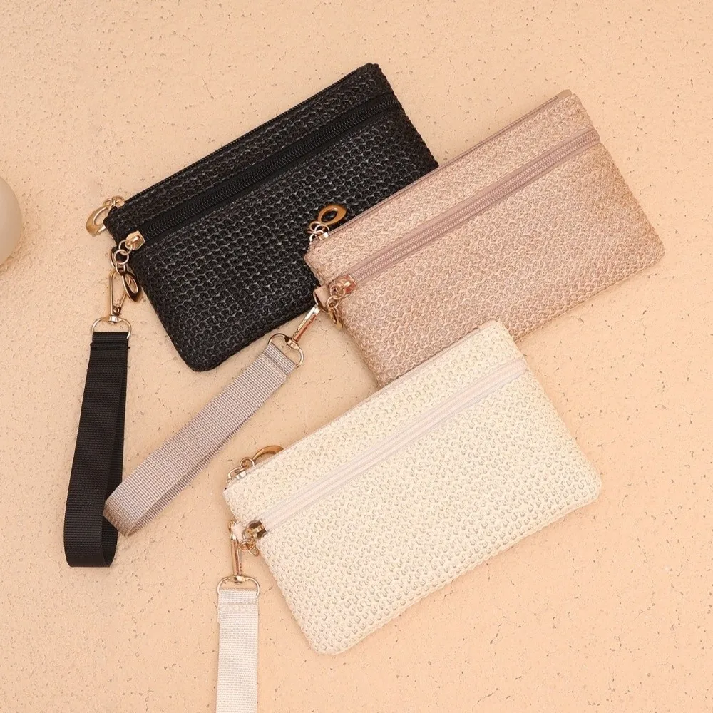 

Модный соломенный кошелек с двойной молнией, мини-кошелек ручной работы с тканой текстурой, прочный соломенный кошелек для монет для женщин