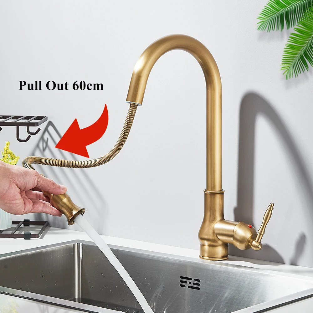 SHBSHAIMY Antique Brass Kitchen Faucet Pull Out 360 Rotate Spout Faucets Single Hole Swivel Hot Cold Water Kitchen Mixer Tap