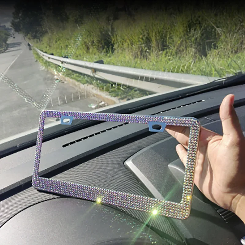 2pcs Bling Rhinestone License Plate Frame, Sparkling Crystal Car Tag Cover with Screw Caps, Universal Standard