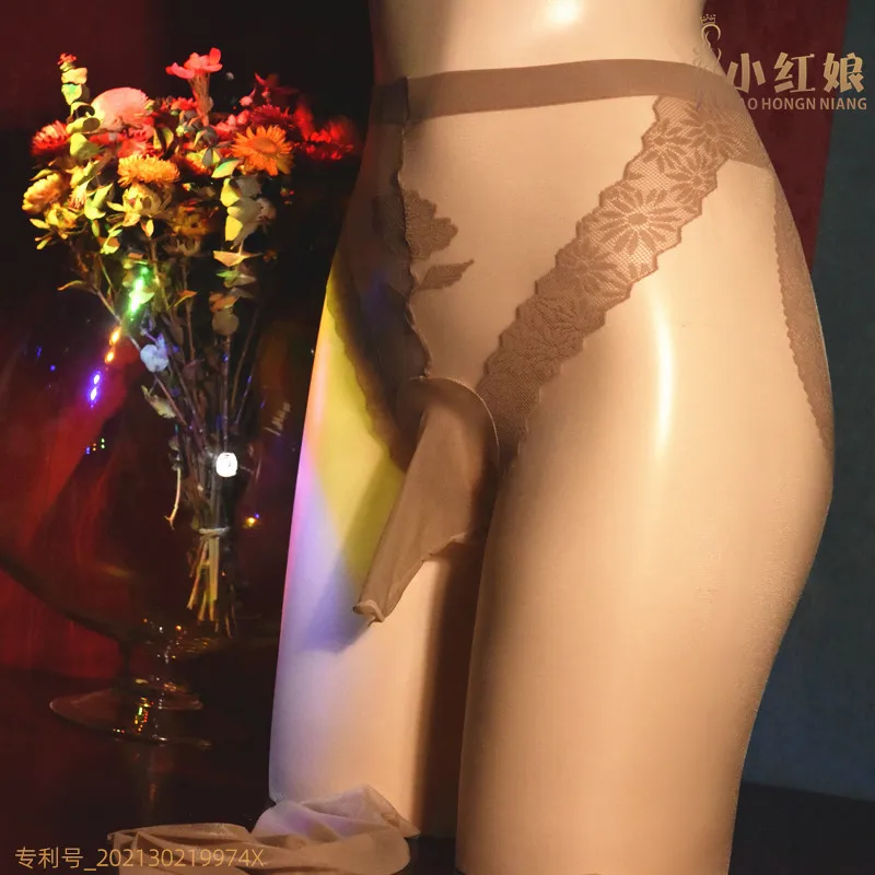 Little Hongniang New Lace Pantyhose Black Silk Silky Flower Love Hip Line Crotch 3D Ultra-Thin Invisible Stockings for Men