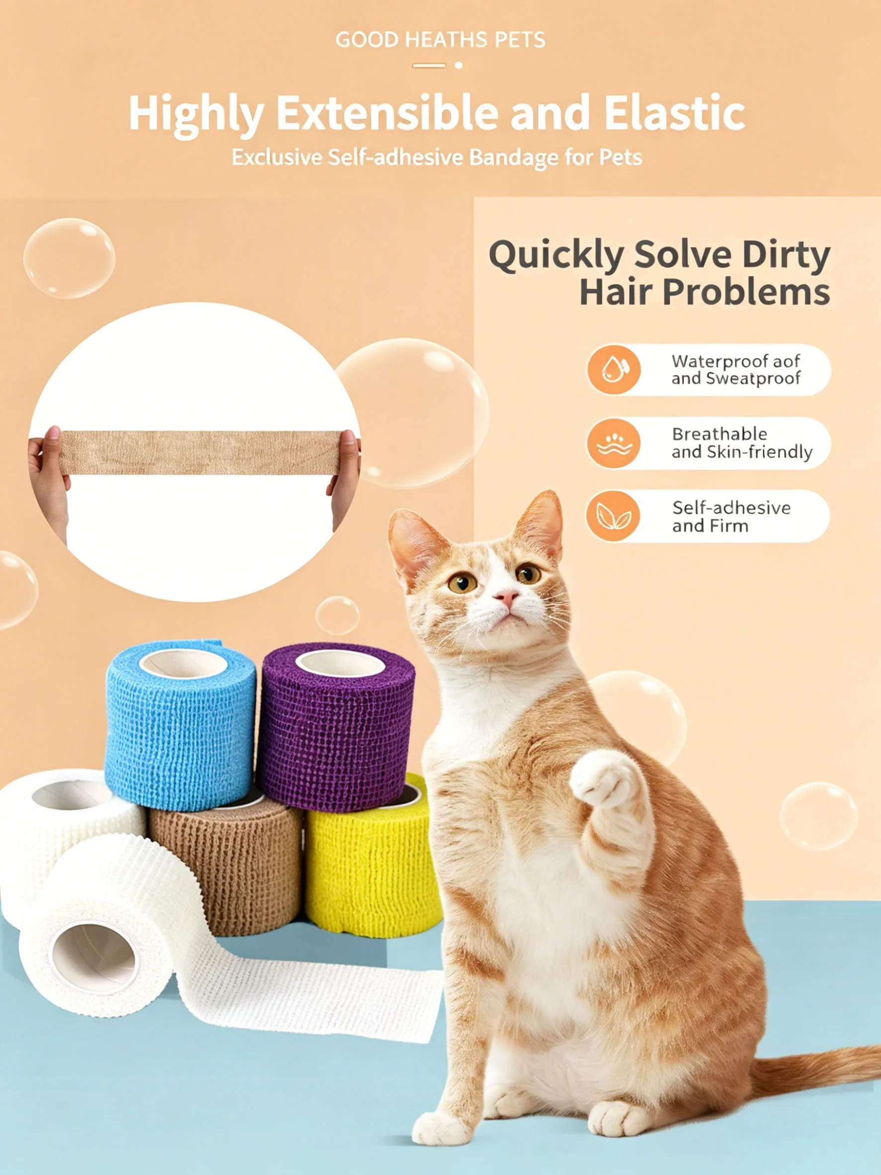 Waterproof Pet Self-Adhesive Elastic Bandage Dog Cat Wound Care Breathable Gauze Tape Joint Protection First Aid Wrap
