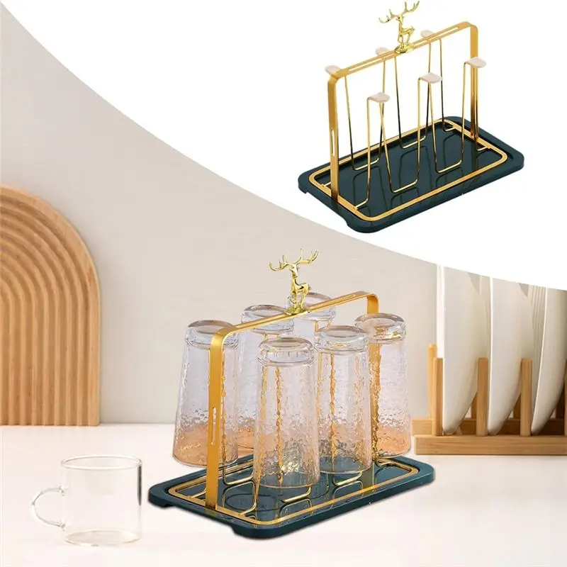 ABUN Glass Cup Holder with Drainage, Gold Iron Drying Rack for Mugs Teacups Kitchen Countertop Organizer