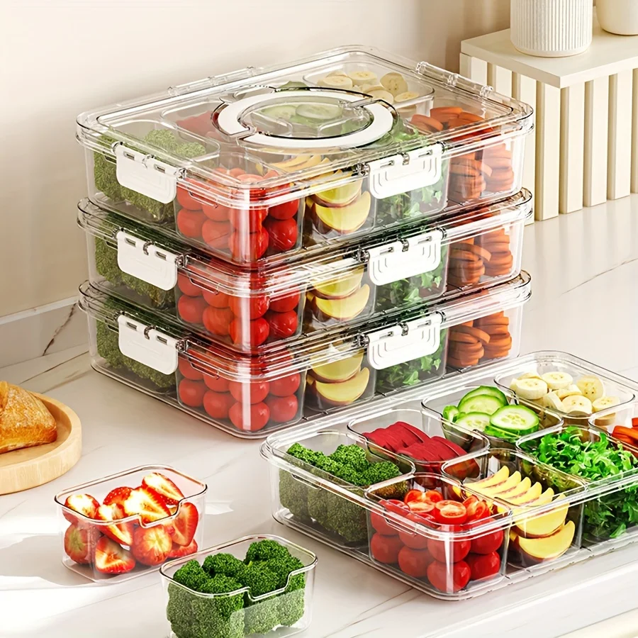 Geteiltes Serviertablett mit Deckel, Lebensmittel-Aufbewahrungsbehälter, Snackbox, 8-Fach Snack-Behälter, Obst-Aufbewahrungsbehälter