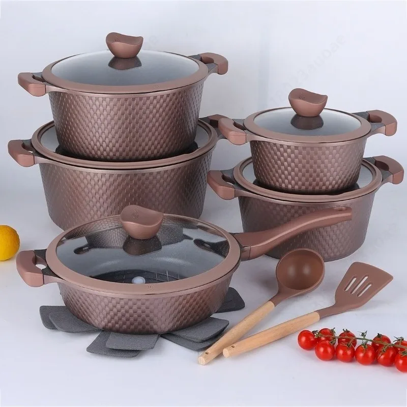 15 Pcs Cookware Set Die Cast Aluminum Non Stick Pot Woven Texture Silicone Handle Soup Pot Marble Look Kitchen Ware