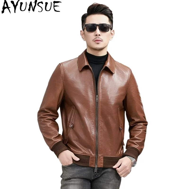 AYUNSUE Top Layer Waxed Goatskin 100% Genuine Leather Jacket Men Slim-fit Real Leather Coat Fashion Short Leather Jackets 2026