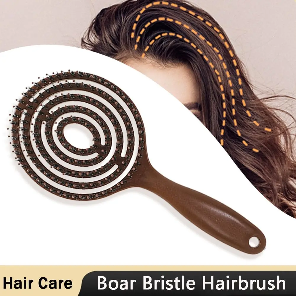 New Round Boar Bristle Hairbrush Hollow Massage Detangling Hairbrush Detangling Wet Hair Comb Barber Tool