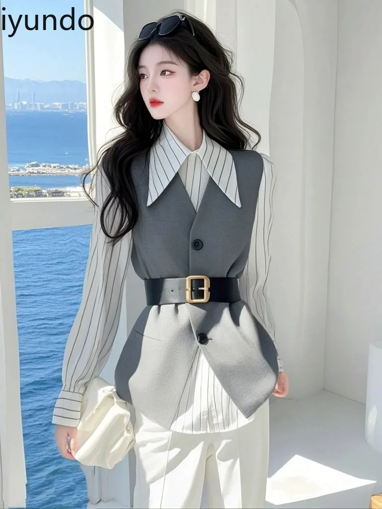 Lente 2025, een complete set outfits, high-end temperament, Franse stijl, grijs pak, vest, overhemd, nep tweedelige blouse, dames