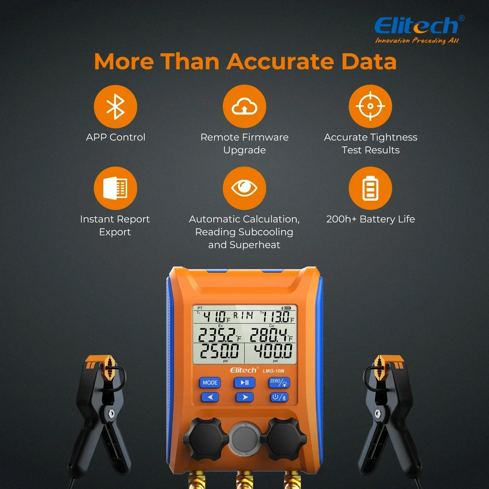 Elitech LMG-10W Wireless Digital Manifold Gauge Set Data Logging Refrigerant HVAC Gauges with Hoses, Thermometer Clamps LMG-10