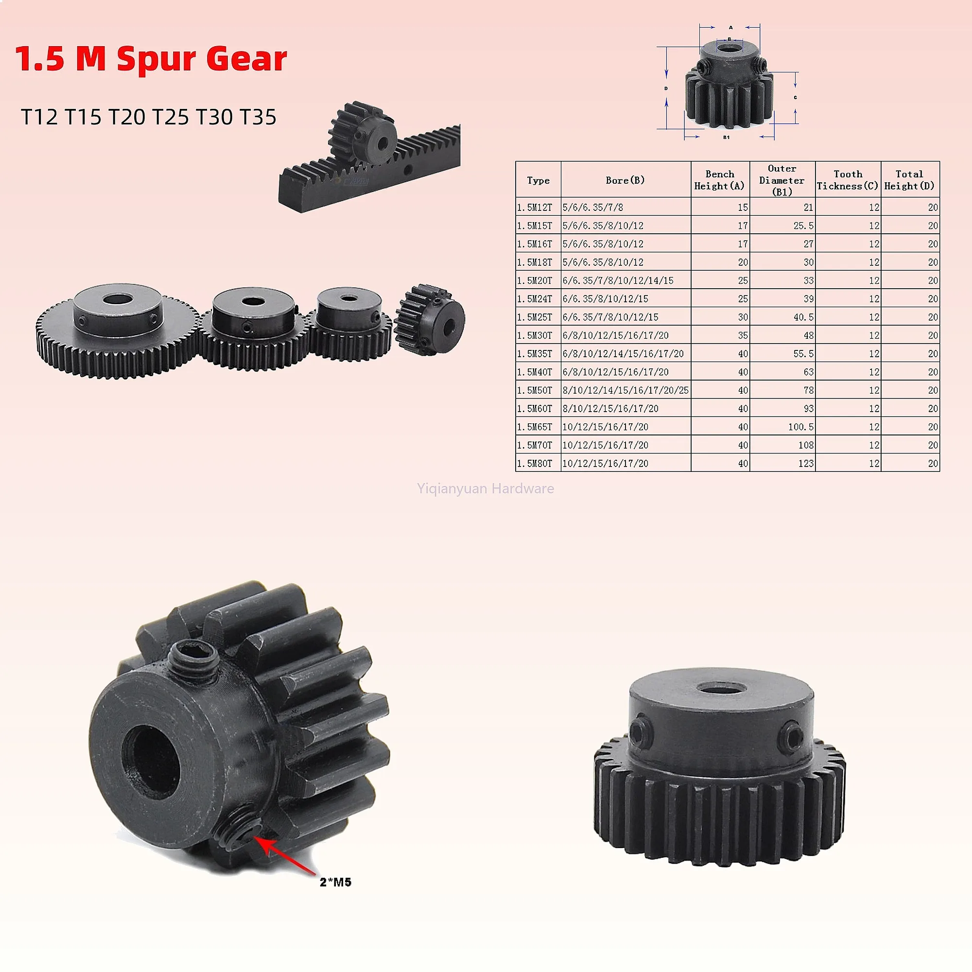 Yiqianyuan 1Piece 1.5 Module Carbon Steel Spur Gear Metal Boss 12-35 Teeth 5/6/8mm Bore Durable