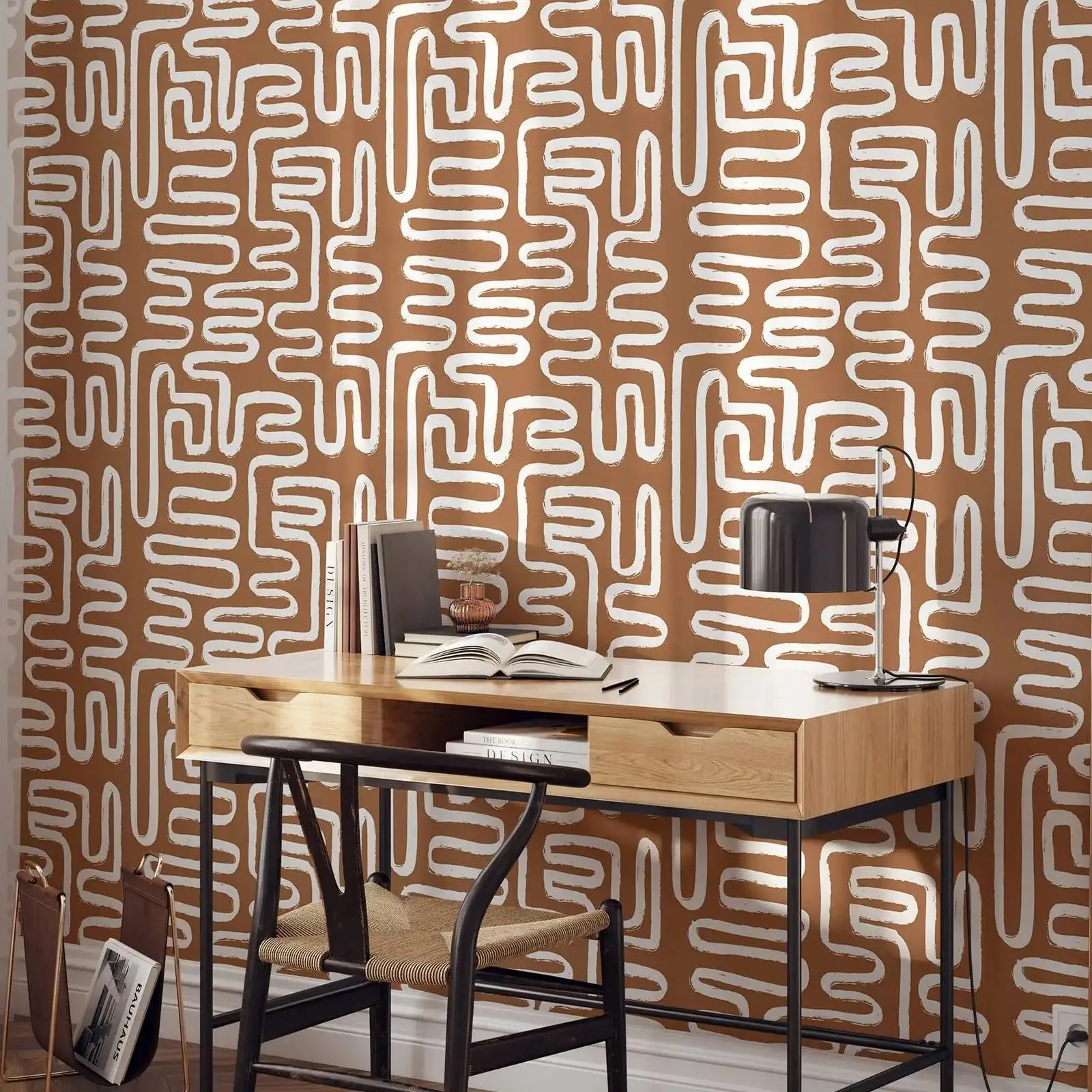 Minimalist Lines Wallpaper _ Removable Self Adhesive Brown Boho Wallpaper,Geometrical Abstract Lines Peel and Stick Or Tradition