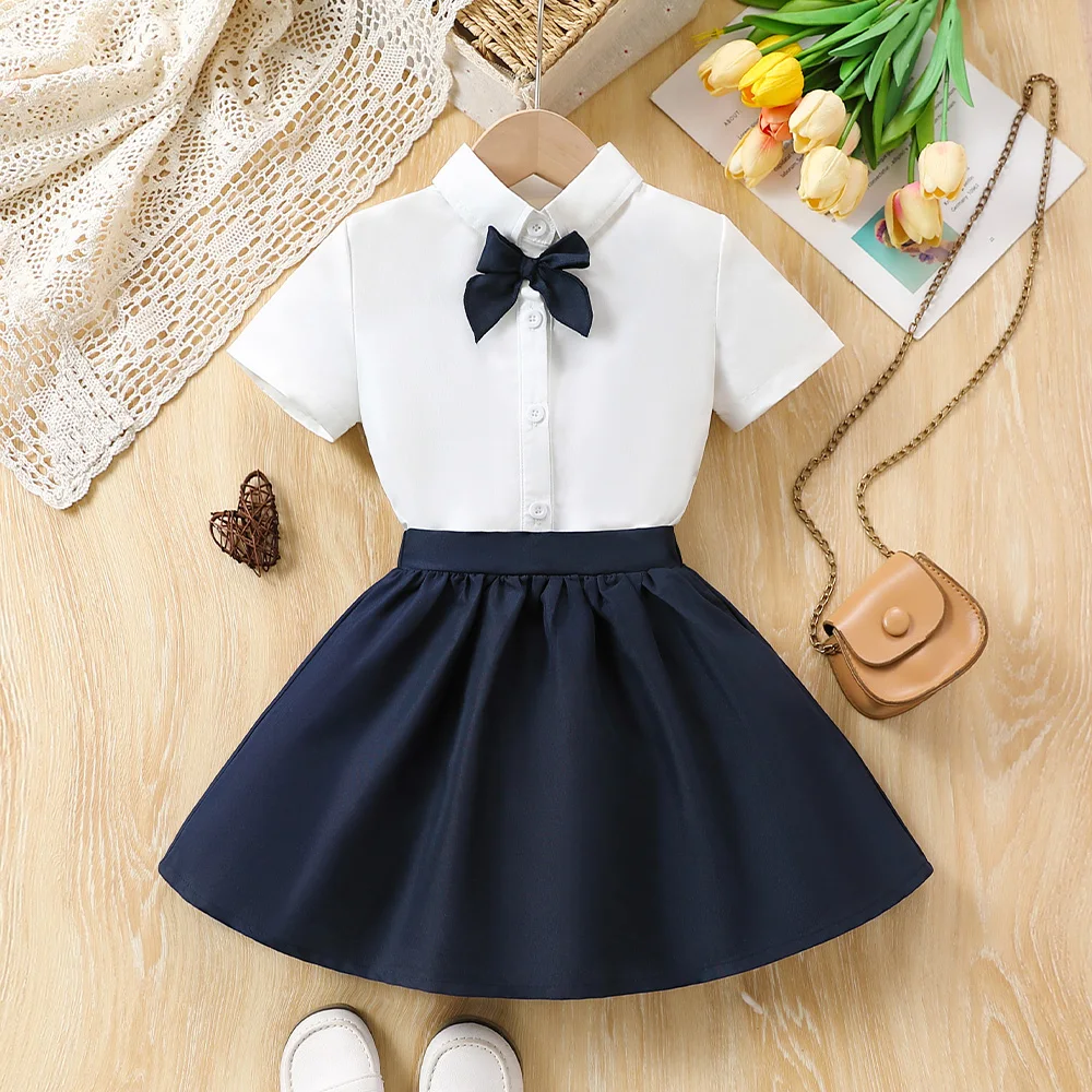 Girl\'s Button Front White Shirt and Navy Skirt One-Piece Dress School Blouse Girls Uniform Clothing