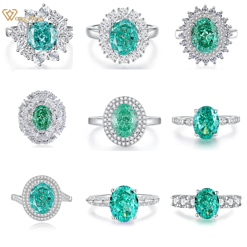 Wong Rain 925 Sterling Silver Crushed Ice Cut Paraiba Tourmaline Emerald High Carbon Diamond Gems Cocktail Party Rings Jewelry 