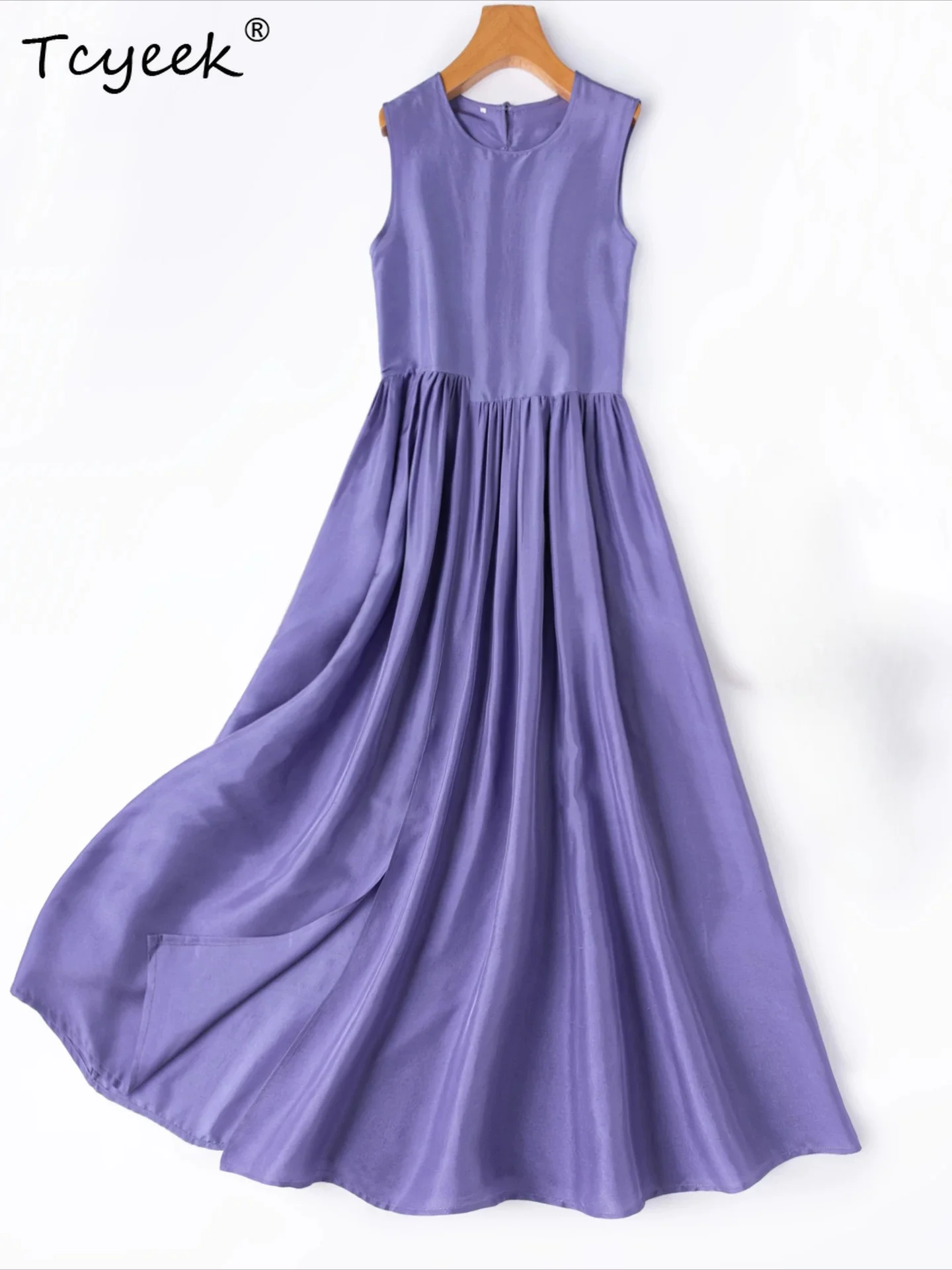 Tcyeek 100% Real Mulberry Silk Summer Dress for Women Clothing Elegant Womens Dresses Sleeveless Long Beach Dress Split Vestidos