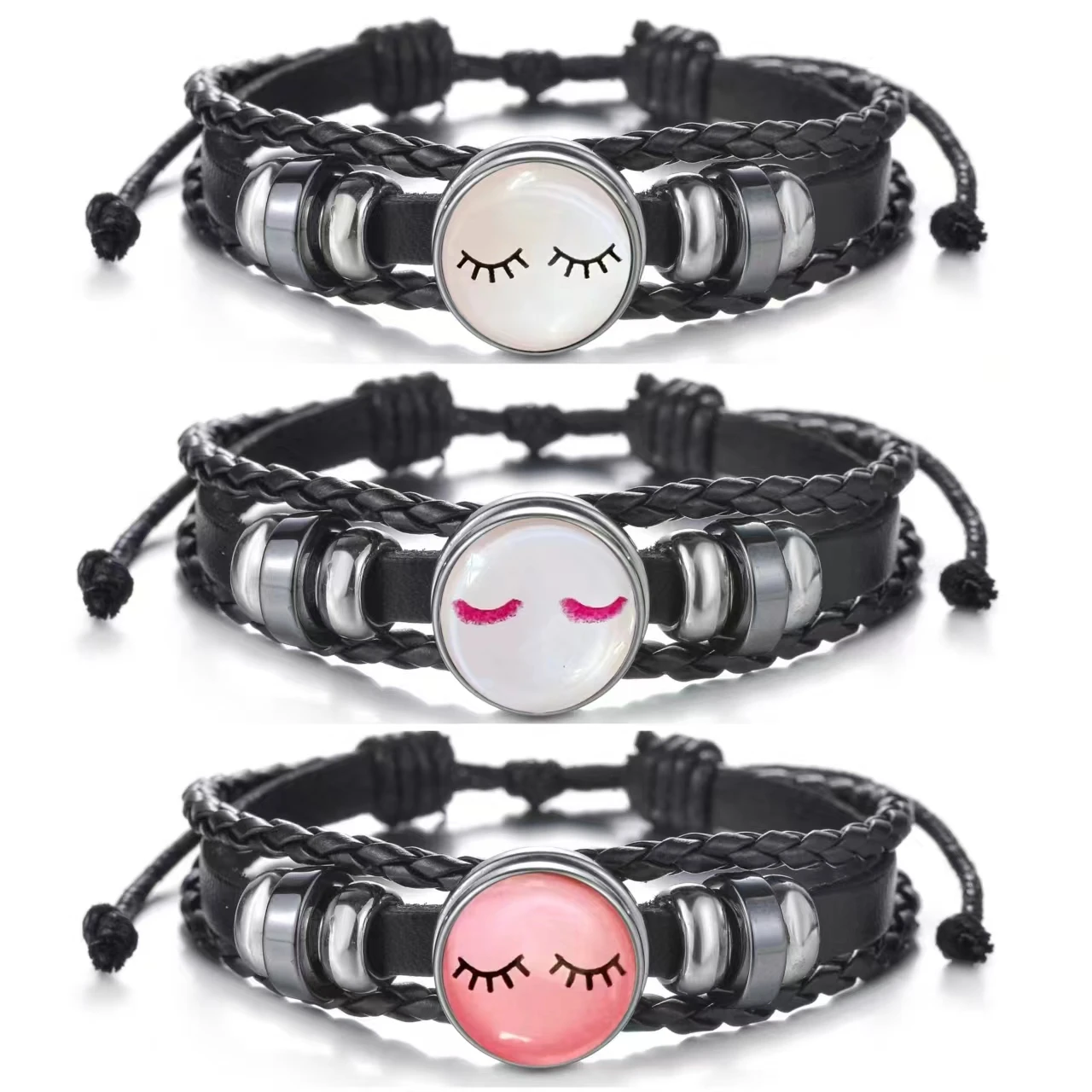 2024 New Fashion Black Leather Bracelet for Men Women Handmade Sweet Smile Beaded Bracelet Multi-layered Bracelet Jewelry Gift