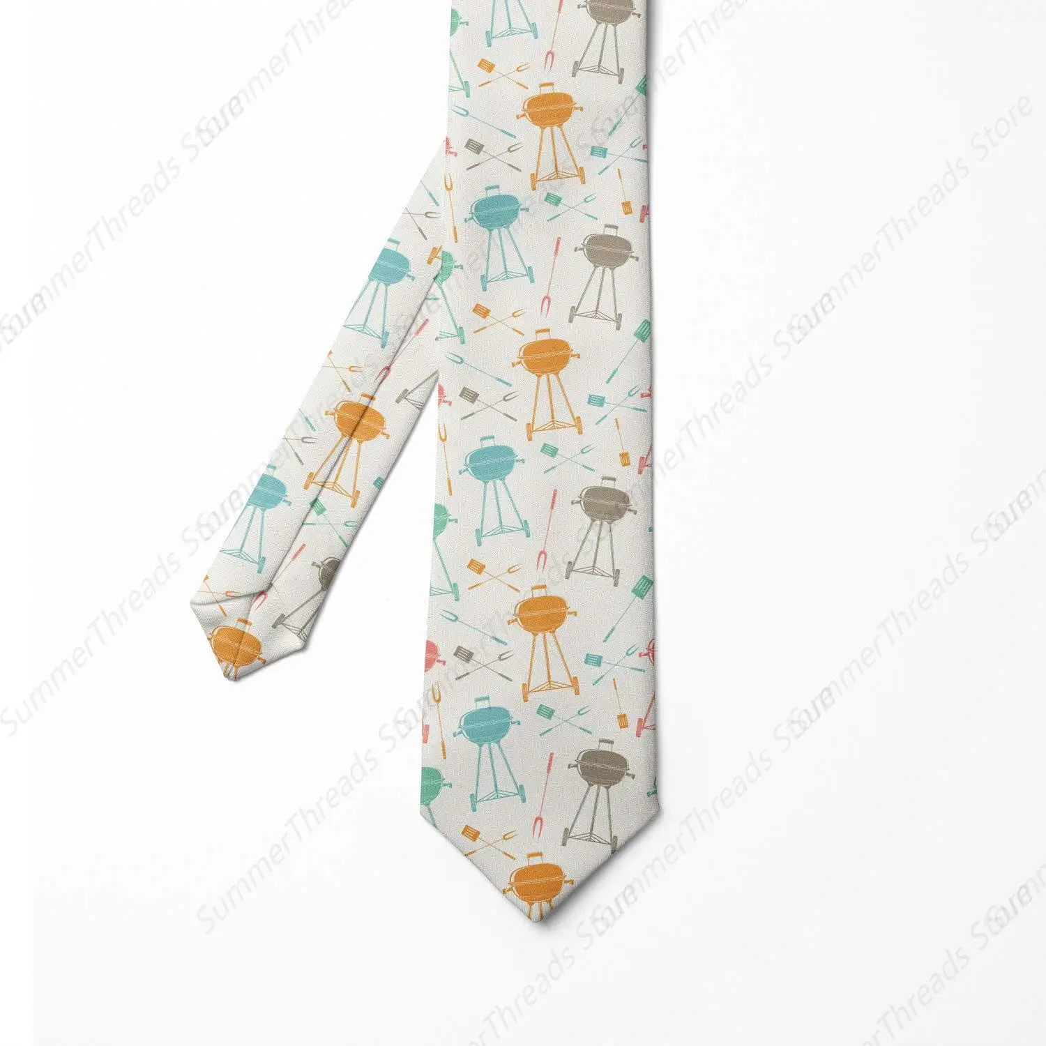 Necktie, Retro Barbecue Grill Elements Taupeteal Tie