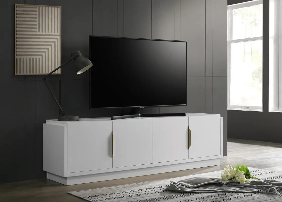 White 4-Door TV Stand Media Console Adjustable Shelves Cable Management Gold Handles 70-inch, Customized
